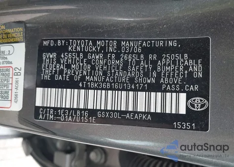2006 Toyota Avalon Limited z USA, uszkodzony, nr VIN 4T1BK36B16U134171